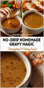 Close-up of smooth homemade gravy without drippings served beside roasted turkey breast slices.